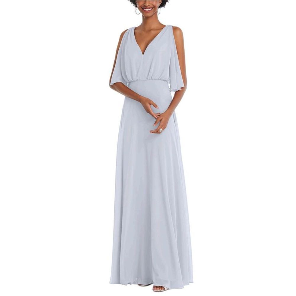 V-Neck Split-Sleeve Blouson-Bodice Maxi Dress, Purple, Size 6